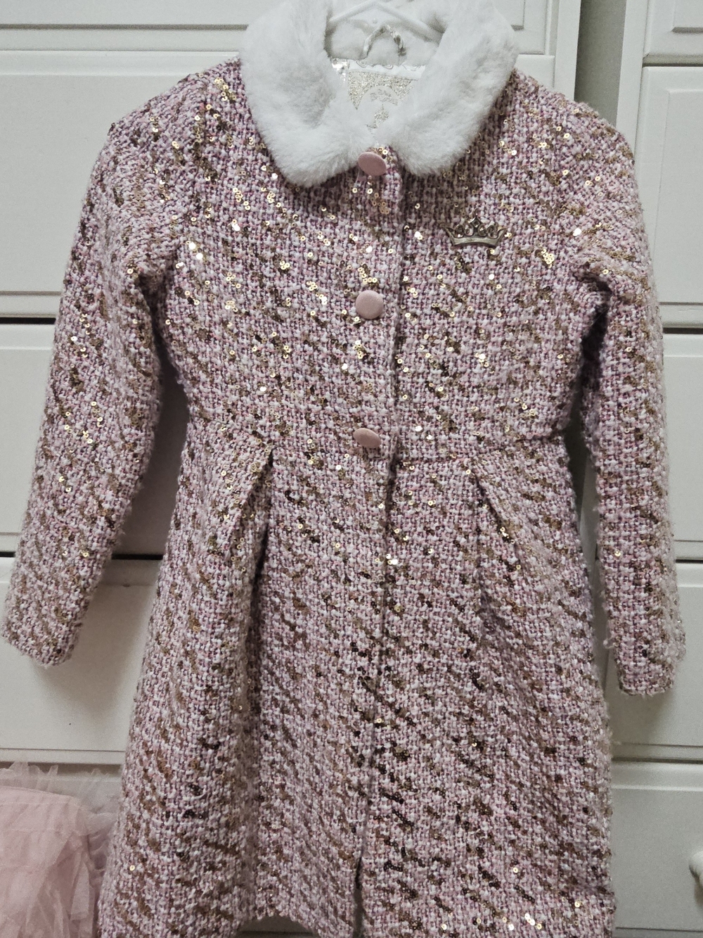 Disney Princess Royal Pink Sequin Tweed Pea Coat with Faux Fur Collar sz 7/8